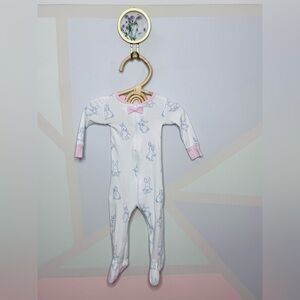 The Beaufort Bonnet Company White Footie with Blue Bunny Print and Pink Trim